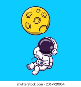 Cute Astronaut Floating With Moon Balloon Cartoon Vector Icon Illustration. Science Technology Icon Concept Isolated Premium Vector. Flat Cartoon Style