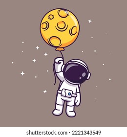 Cute Astronaut Floating With Moon Balloon In Space Cartoon Vector Icon Illustration. Science Technology Icon Concept Isolated Premium Vector. Flat Cartoon Style