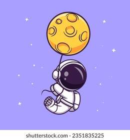 Cute Astronaut Floating With Moon Balloon Cartoon Vector Icon Illustration. Science Technology Icon Concept Isolated Premium Vector. Flat Cartoon Style