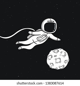 Cute astronaut floating on the space with moon