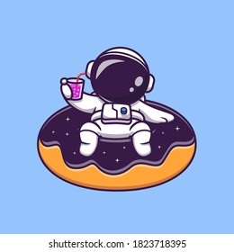 Cute Astronaut Floating On Space Donut Balloon Cartoon Vector Icon Illustration. Space Summer Icon Concept Isolated Premium Vector. Flat Cartoon Style