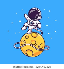 Cute Astronaut Floating on Space With Moon Cartoon Vector Icon Illustration. Science Technology Icon Concept Isolated Premium Vector. Flat Cartoon Style