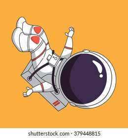 Cute astronaut floating in the outer space with orange background. 