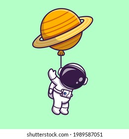 Cute Astronaut Floating With Planet Balloon In Space Cartoon Vector Icon Illustration. Technology Science Icon Concept Isolated Premium Vector. Flat Cartoon Style