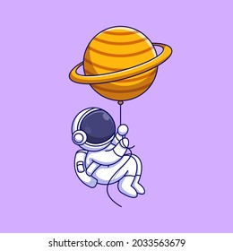 Cute astronaut floating with planet balloon cartoon