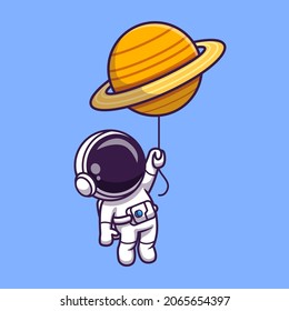 Cute Astronaut Floating With Planet Balloon In Space Cartoon Vector Icon Illustration. Technology Science Icon Concept Isolated Premium Vector. Flat Cartoon Style