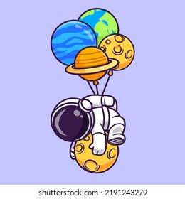 Cute Astronaut Floating With Planet Balloon And Holding Moon Cartoon Vector Icon Illustration Science Technology Icon Concept Isolated Premium Vector. Flat Cartoon Style