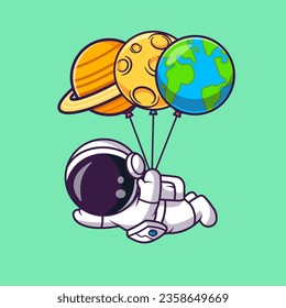 Cute Astronaut Floating With Planet Balloon Cartoon Vector Icon Illustration. Science Technology Icon Concept Isolated Premium Vector. Flat Cartoon Style