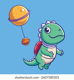 Cute Astronaut Floating With Planet Balloon In Space Cartoon Vector Icon Illustration. Technology Science Icon Concept Isolated Premium Vector. Flat Cartoon Style