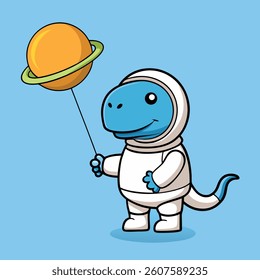 Cute Astronaut Floating With Planet Balloon In Space Cartoon Vector Icon Illustration. Technology Science Icon Concept Isolated Premium Vector. Flat Cartoon Style