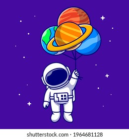 Cute Astronaut Floating With Planet balloons In Space Cartoon Vector Icon Illustration. Technology Science Icon Concept Isolated Premium Vector. Flat Cartoon Style