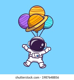 Cute Astronaut Floating mit Planet Balloons in Space Cartoon Vektorsymbol Illustration. Technology Science Icon Konzept isolierter Premium-Vektorgrafik. Flachbildkartonstil