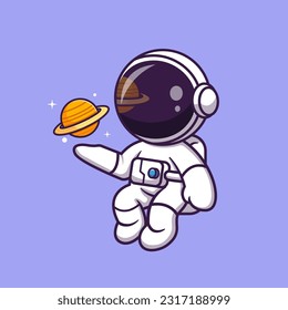 Astronauta lindo flotando con imagen del icono del vector del dibujo planetario. Concepto de icono de la tecnología de la ciencia Vector Premium aislado. Estilo de dibujo plano