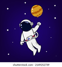Cute astronaut floating with planet shaped balloon. Science technology icon concept isolated premium vector.