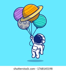 Cute Astronaut Floating With Planets Cartoon Vector Icon Illustration. Space Icon Concept Isolated Premium Vector. Flat Cartoon Style 