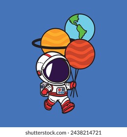 Cute astronaut floating with planets cartoon vector icon illustration. Space icon concept isolated premium vector. Flat cartoon style