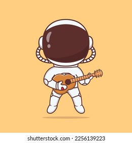 Cute Astronaut floating and playing guitar cartoon illustration