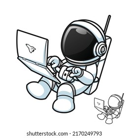 Cute Astronaut Floating Playing Laptop with Black and White Line Art Drawing, Science Outer Space, Vector Character Illustration, Outline Cartoon Mascot Logo in Isolated White Background.