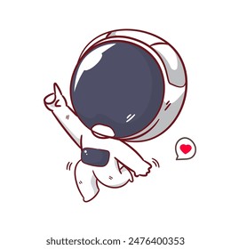 Cute astronaut floating with pointing hand cartoon character. Space and science concept design. Hand drawn flat adorable chibi vector illustration. Icon logo mascot isolated background.