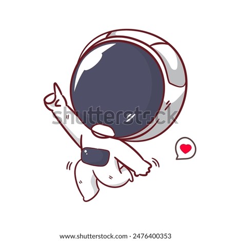 Cute astronaut floating with pointing hand cartoon character. Space and science concept design. Hand drawn flat adorable chibi vector illustration. Icon logo mascot isolated background.