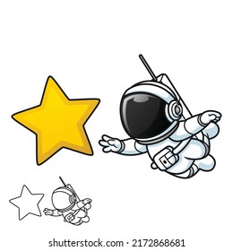 Cute Astronaut Floating Reaching Star With Black And White Line Art Drawing, Science Outer Space, Vector Character Illustration, Outline Cartoon Mascot Logo In Isolated White Background