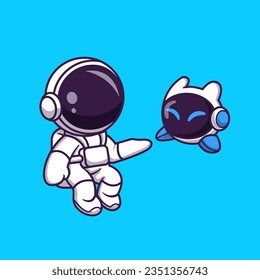 Cute Astronaut Floating With Robot Cartoon Vector Icon Illustration. Science Technology Icon Concept Isolated Premium Vector. Flat Cartoon Style