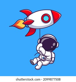 Cute Astronaut Floating With Rocket Balloon Cartoon Vector Icon Illustration. Science Technology Icon Concept Isolated Premium Vector. Flat Cartoon Style