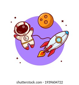 Cute Astronaut Floating With Rocket On Space Cartoon Vector Icon Illustration. Science Technology Icon Concept Isolated Premium Vector. Flat Cartoon Style