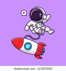 Cute Astronaut Floating With Rocket In Space Cartoon Vector Icon Illustration. Science Technology Icon Concept Isolated Premium Vector. Flat Cartoon Style