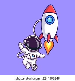 Cute Astronaut Floating mit Rocket in Space Cartoon Vektorsymbol Illustration. Science Technology Icon Konzept isolierter Premium-Vektorgrafik. Flachbildkartonstil