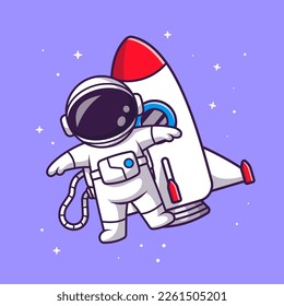 Cute Astronaut Floating mit Rocket in Space Cartoon Vektorsymbol Illustration. Science Technology Icon Konzept isolierter Premium-Vektorgrafik. Flachbildkartonstil