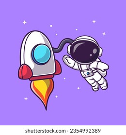 Cute Astronaut Floating mit Rocket in Space Cartoon Vektorsymbol Illustration. Science Technology Icon Konzept isolierter Premium-Vektorgrafik. Flachbildkartonstil