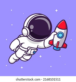 Cute Astronaut Floating With Rocket Toy Cartoon Vector Icon Illustration Science Technology Icon Concept Isolated Premium Vector. Flat Cartoon Style