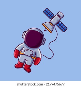 Cute Astronaut Floating with Satellite Cartoon Vector Illustration. Cartoon Style Icon or Mascot Character Vector.