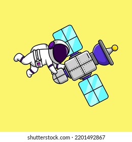 Cute Astronaut Floating With Satellite Cartoon Vector Icon Illustration. Flat Cartoon Concept