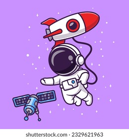 Cute Astronaut Floating with Satellite and Rocket In Space Cartoon Vector Icon Illustration. Science Technology Icon Concept IsolatedPremium Vector. Flat Cartoon Style