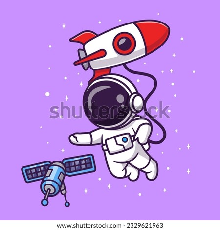 Cute Astronaut Floating with Satellite and Rocket In Space Cartoon Vector Icon Illustration. Science Technology Icon Concept IsolatedPremium Vector. Flat Cartoon Style