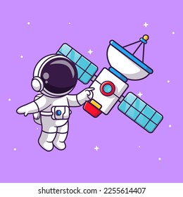 Cute Astronaut Floating with Satellite In Space Cartoon Vector Icon Illustration. Science Technology Icon Concept Isolated Premium Vector. Flat Cartoon Style