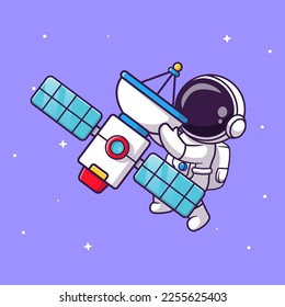 Cute Astronaut Floating with Satellite In Space Cartoon Vector Icon Illustration. Science Technology Icon Concept Isolated Premium Vector. Flat Cartoon Style