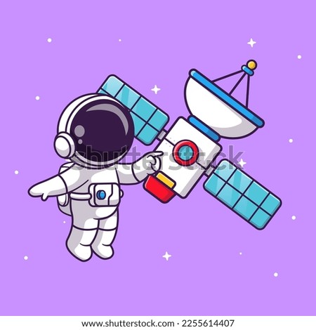 Cute Astronaut Floating with Satellite In Space Cartoon Vector Icon Illustration. Science Technology Icon Concept Isolated Premium Vector. Flat Cartoon Style