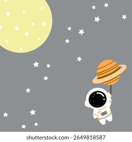 Cute Astronaut Floating with Saturn Balloon – Space Kids Vector Illustration