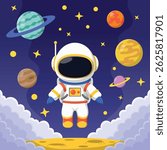 Cute Astronaut Floating In Space Cartoon Vector Icon Illustration. Technology Science Icon Concept Isolated Premium Vector. Flat Cartoon Style.