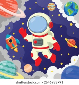 Cute Astronaut Floating In Space Cartoon Vector Icon Illustration. Technology Science Icon Concept Isolated Premium Vector. Flat Cartoon Style.