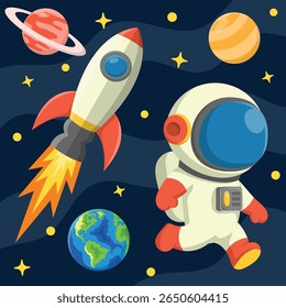 Lindo Astronauta Flotando En El Espacio Ilustración De Icono De Vector De Dibujos Animados. Tecnología Ciencia Icon Concept Vector Premium aislado. Estilo plano de la historieta.