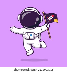 Cute Astronaut Floating With Space Flag Cartoon Vector Icon Illustration. Science Technology Icon Concept Isolated Premium Vector. Flat Cartoon Style