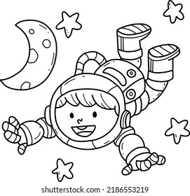 Astronauta lindo flotando en el espacio caricatura del libro de colorear dibujada a mano aislado en blanco