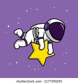Cute Astronaut Floating In Space With Holding Star Cartoon Vector Icon Illustration. Science Technology Icon Concept Isolated Premium Vector.