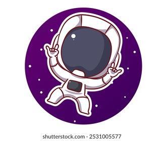 Cute astronaut floating in space with metal hand sign cartoon character. Space and science concept design. Hand drawn flat adorable chibi vector illustration. Icon logo mascot isolated background.