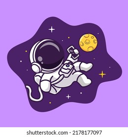 Cute Astronaut Floating In Space With Phone And Moon Cartoon Vector Icon Illustration Science Technology Icon Concept Isolated Premium Vector. Flat Cartoon Style