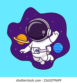 Cute Astronaut Floating In Space With Planet Cartoon Vector Icon Illustration Science Technology Icon Concept Isolated Premium Vector. Flat Cartoon Style